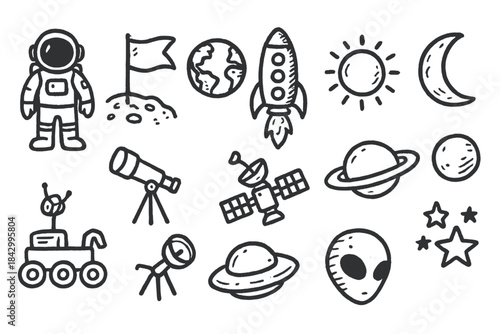 Space elements silhouette icon set. featuring astronaut, flag, earth, rocket, sun, moon, telescope, satellite, alien