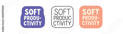 lettering icons three text only designs with phrase soft productivity one flat solid monochrome one thin black outline black and white one full color flat icon