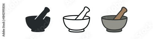 mortar pestle icons three mortar with pestle icons one flat solid monochrome one thin black outline black and white one full color flat icon stone gray