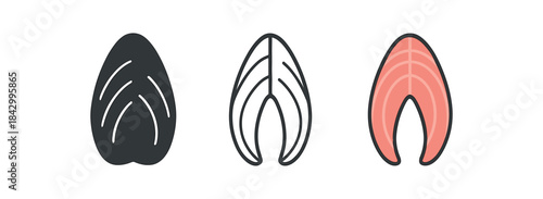 fish fillet icons three fish fillet icons one flat solid monochrome one thin black outline black and white one full color flat icon salmon pink
