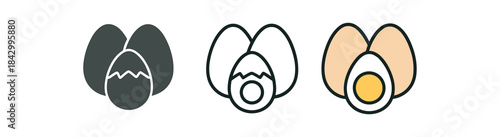 egg icons three whole egg and cracked egg combination icons one flat solid monochrome one thin black outline black and white one full color flat icon white and