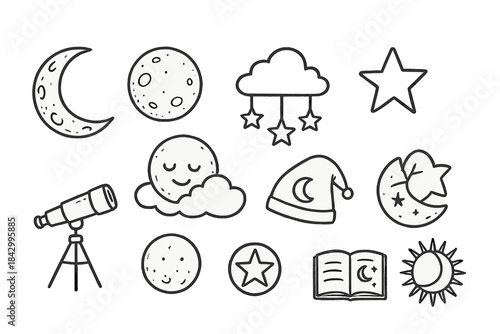 Astronomy and sleep linear icon set. featuring moon, stars, cloud, telescope, nightcap, book, and sun symbols