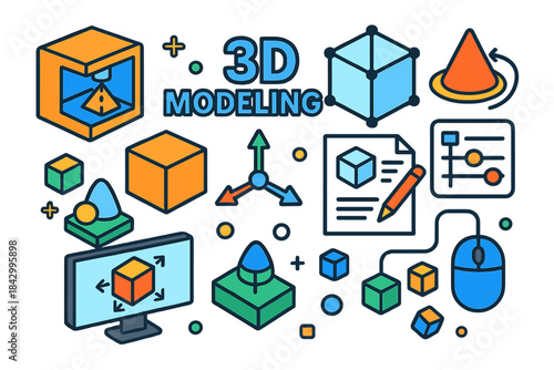 3d modeling flat icon set. featuring software, cube, design, mouse, measurement, 3d tools, and modeling symbols