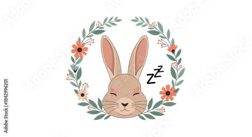 Adorable illustration of a sleeping bunny's face, gently nestled within a charming wreath of delicate flowers and leaves, conveying peace and serenity.