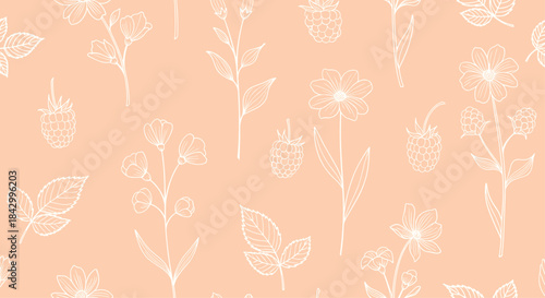 Charming seamless pattern featuring delicate outlines of various flowers and ripe raspberries, elegantly scattered across a soft, peach-colored background.
