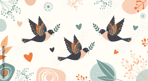 Serene pattern depicting elegant peace doves holding olive branches, gracefully flying amidst abstract leaves and hearts on a light, warm background.