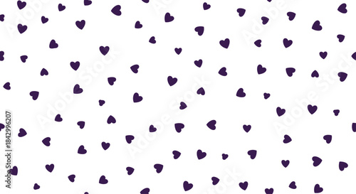 Simple and sweet seamless pattern composed of numerous small, scattered purple hearts on a crisp white background, evoking subtle affection.