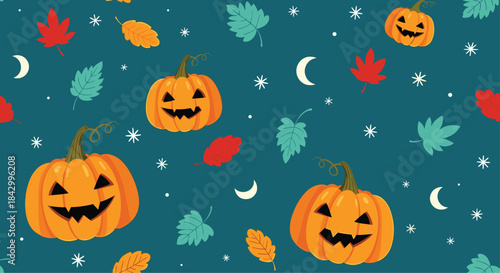 Spooky yet playful seamless pattern featuring grinning jack-o'-lanterns, autumnal leaves, crescent moons, and stars on a dark background.