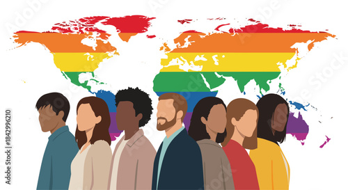 Powerful illustration of a diverse group of people standing united in front of a vibrant rainbow-colored world map, symbolizing global LGBTQ+ unity and pride.