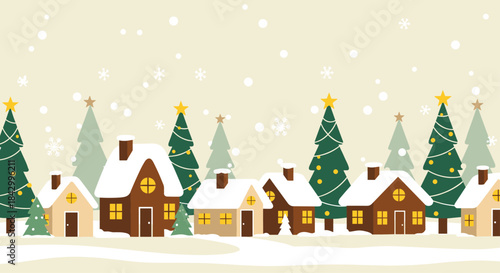 Charming seamless pattern depicting a cozy Christmas village nestled in a snowy landscape, adorned with festive trees and twinkling lights under falling snowflakes.