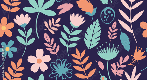 Vibrant and artistic seamless pattern featuring an array of abstract flowers and diverse leaves in a harmonious, muted color palette against a dark background.