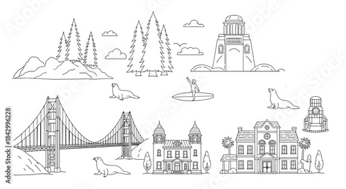 Detailed line art collection depicting iconic San Francisco landmarks and natural elements, including the Golden Gate Bridge, sea lions, and redwood trees.