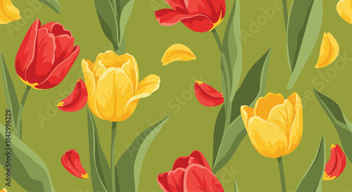 Lush seamless pattern showcasing an abundance of vibrant red and sunny yellow tulips with green stems, scattered petals, and a soft green background.