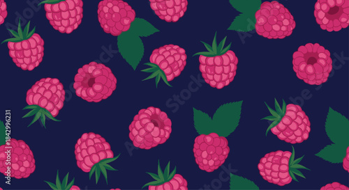 Lush seamless pattern showcasing a scattering of vibrant pink raspberries with fresh green leaves, elegantly set against a deep, dark blue background.