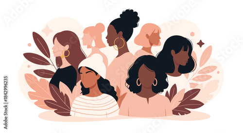 Empowering illustration showcasing a diverse group of women with varying hairstyles and skin tones, surrounded by soft, organic leaf shapes.