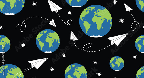 Whimsical seamless pattern featuring cartoon Earth globes with paper airplanes tracing dotted flight paths and scattered stars against a dark background.
