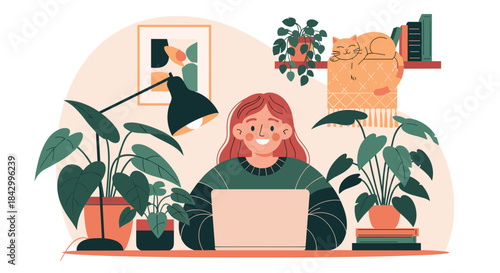 Cozy illustration of a young woman happily working on her laptop at a desk, surrounded by numerous lush houseplants, creating a comfortable home office.