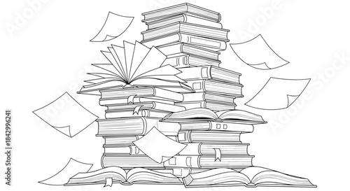 Detailed line art illustration depicting a towering stack of open and closed books with scattered flying pages, symbolizing learning and knowledge.