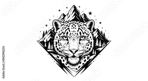 Striking monochrome illustration of a leopard's head with piercing eyes, framed by majestic mountains and evergreen trees in a powerful, natural setting.