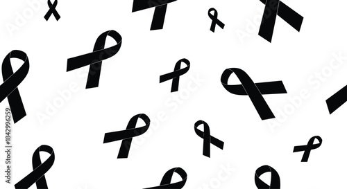 Simple and somber seamless pattern composed of numerous scattered black awareness ribbons, symbolizing mourning, remembrance, or support for a cause.