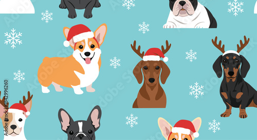 Festive seamless pattern featuring various adorable dog breeds adorned with Santa hats and reindeer antlers, surrounded by delicate snowflakes on a light blue background.