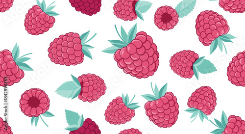 Vibrant seamless pattern showcasing a scattering of juicy pink raspberries with fresh light green leaves, elegantly contrasted against a clean white background.