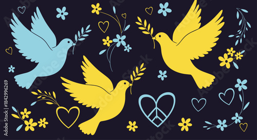 Symbolic pattern of peace doves in vibrant blue and yellow, holding olive branches, surrounded by hearts, peace signs, and flowers against a dark background.