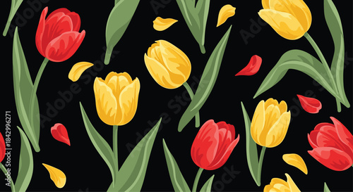 Lush seamless pattern showcasing an abundance of vibrant red and sunny yellow tulips with green stems, scattered petals, and a striking black background.