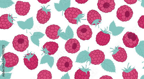 Vibrant seamless pattern showcasing a scattering of juicy pink raspberries with fresh light green leaves, elegantly contrasted against a clean white background.