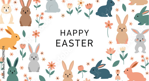 Charming rectangular frame for "Happy Easter" featuring an adorable assortment of colorful bunnies and delicate spring flowers on a white background.