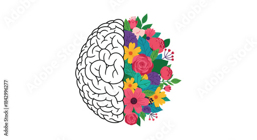 Creative illustration depicting a human brain with one half as an intricate outline and the other bursting with vibrant, colorful flowers and leaves.