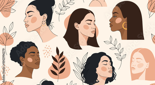 Harmonious seamless pattern showcasing profile portraits of diverse women with various hairstyles and skin tones, accented by abstract leaves and shapes.