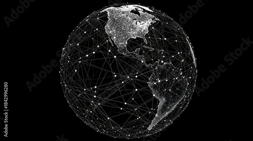 A black and white graphic of a globe with a network of lines and dots representing connectivity