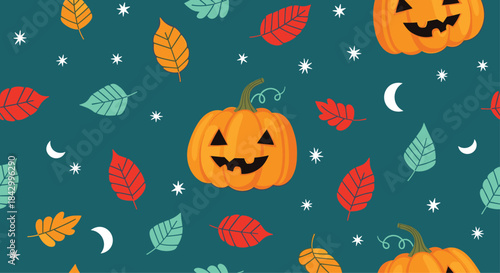 Spooky seamless pattern perfect for Halloween, featuring grinning jack-o'-lanterns, colorful autumn leaves, twinkling stars, and crescent moons on a dark teal background.