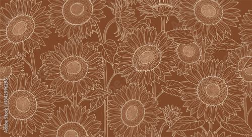 Warm and inviting seamless pattern featuring a dense array of outlined sunflowers in various stages of bloom, subtly presented on a rich brown background.