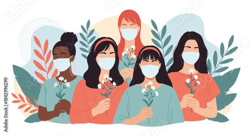 Empowering illustration of five diverse women wearing protective face masks and holding delicate white flowers, set against a background of abstract botanical shapes.