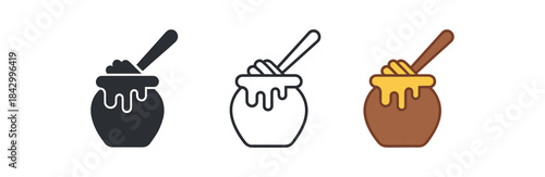 honey pot icons three honey pot with dipper icons one flat solid monochrome one thin black outline black and white one full color flat icon golden honey and brown pot