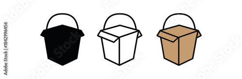 food delivery box icons three takeout box silhouettes one flat solid monochrome one thin black outline black and white one full color flat icon kraft brown