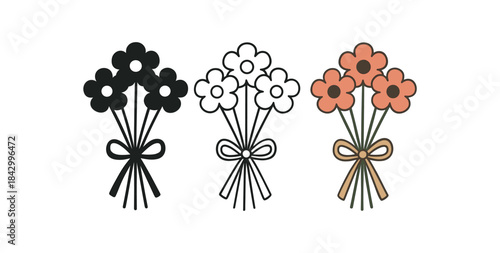 Flat vector illustration simple flower bouquets with tied ribbons soft rounded petals clean outline one black and white flat version one outline version one color version cozy textile style