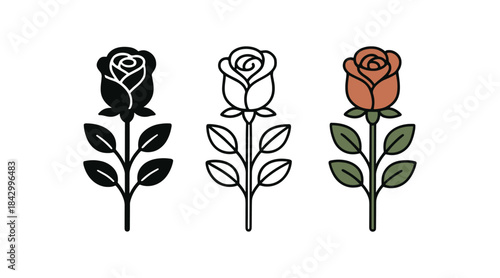 Flat vector illustration single roses with leaves on stems soft rounded shapes clean outline one black and white flat version one outline version one color version cozy textile style