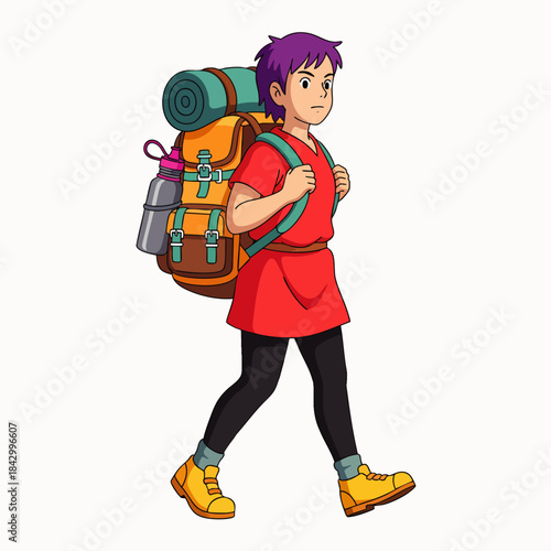 Young person with purple hair and large backpack walking outdoors on an adventure, ready for exploration.