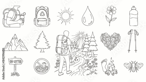 Discover a versatile set of hand-drawn line art icons depicting nature, hiking, and environmental protection, ideal for sustainable design projects.