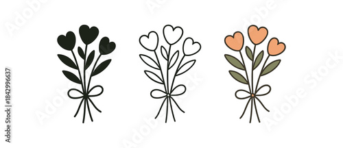 Flat vector illustration tiny floral posies tied with string soft rounded petals clean outline one black and white flat version one outline version one color version cozy textile style