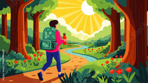 A person with a backpack and water bottle enjoys a tranquil walk on a sun-drenched forest path, winding through lush trees and vibrant wildflowers.