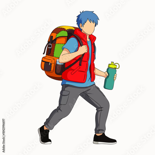 This vibrant anime-style male character, carrying a large colorful backpack and a water bottle, is perfectly poised for an exciting outdoor adventure.