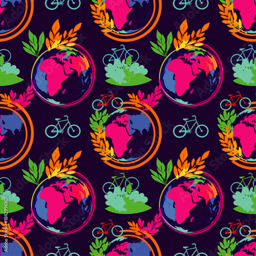 Vibrant seamless pattern featuring stylized Earth globes, bicycles, and foliage symbolizing environmental consciousness and eco-friendly living.