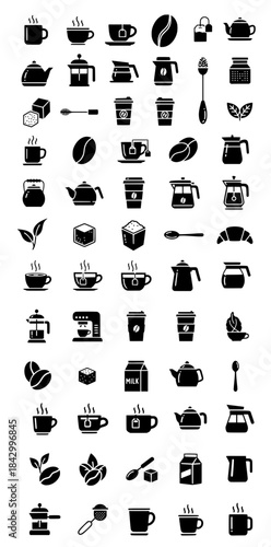Collection of black and white coffee-themed icons, featuring various coffee cups, brewing equipment, beans, and accessories, perfect for culinary and beverage design projects