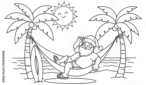 Santa Claus relaxing in a hammock between palm trees on a sunny beach, with a surfboard nearby, creating a cheerful holiday atmosphere in a coloring page illustration