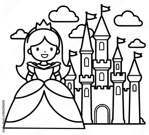 Princess illustration with a beautiful castle in the background, featuring clouds and flags, perfect for a coloring page that inspires creativity and imagination
