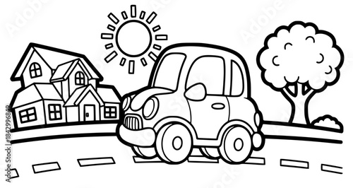 Coloring page featuring a cheerful cartoon car driving down a road, with a sunny sky, a house, and a tree, creating a playful and imaginative scene for kids